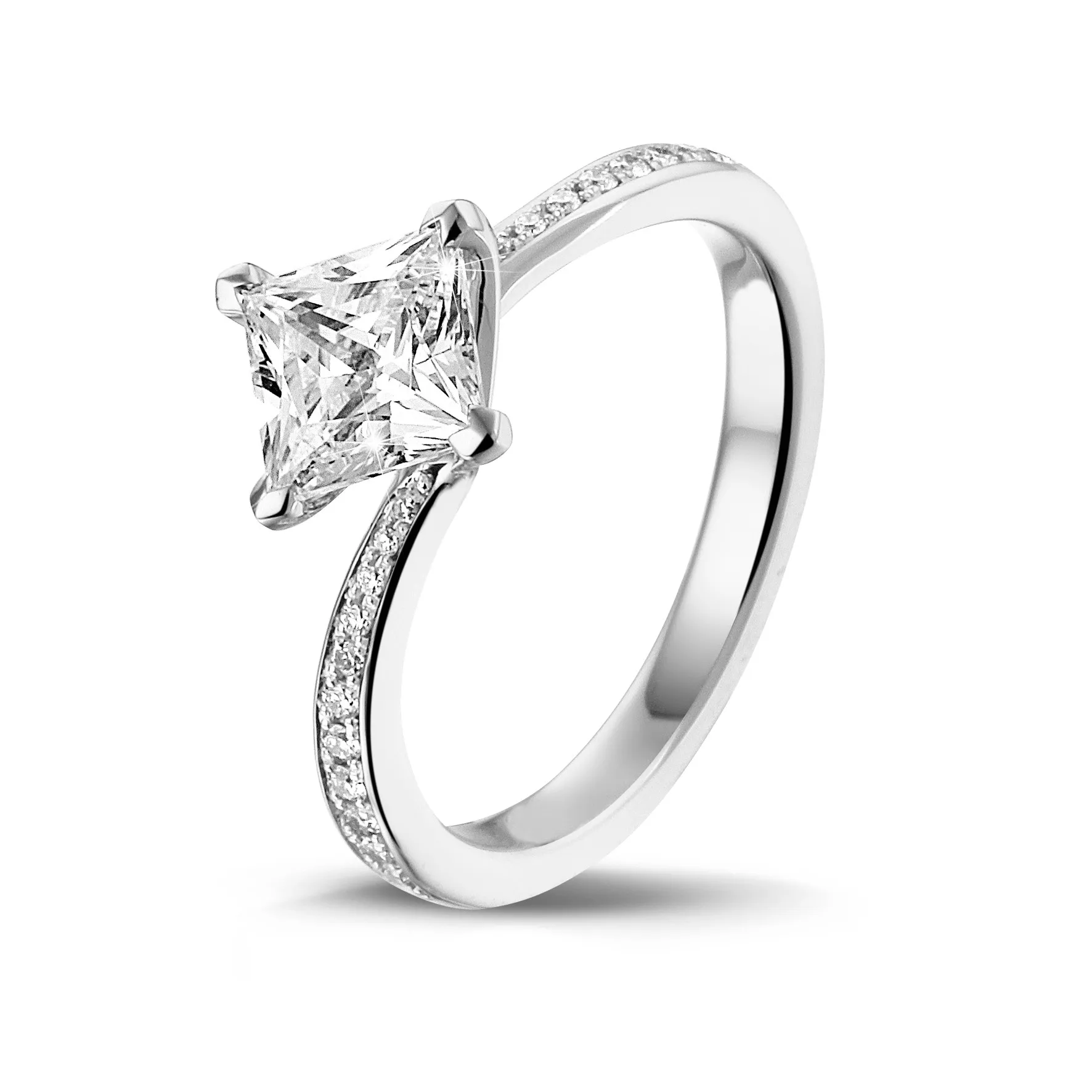 1.50 quilates anillo solitario en oro blanco con diamante talla princesa y diamantes laterales 