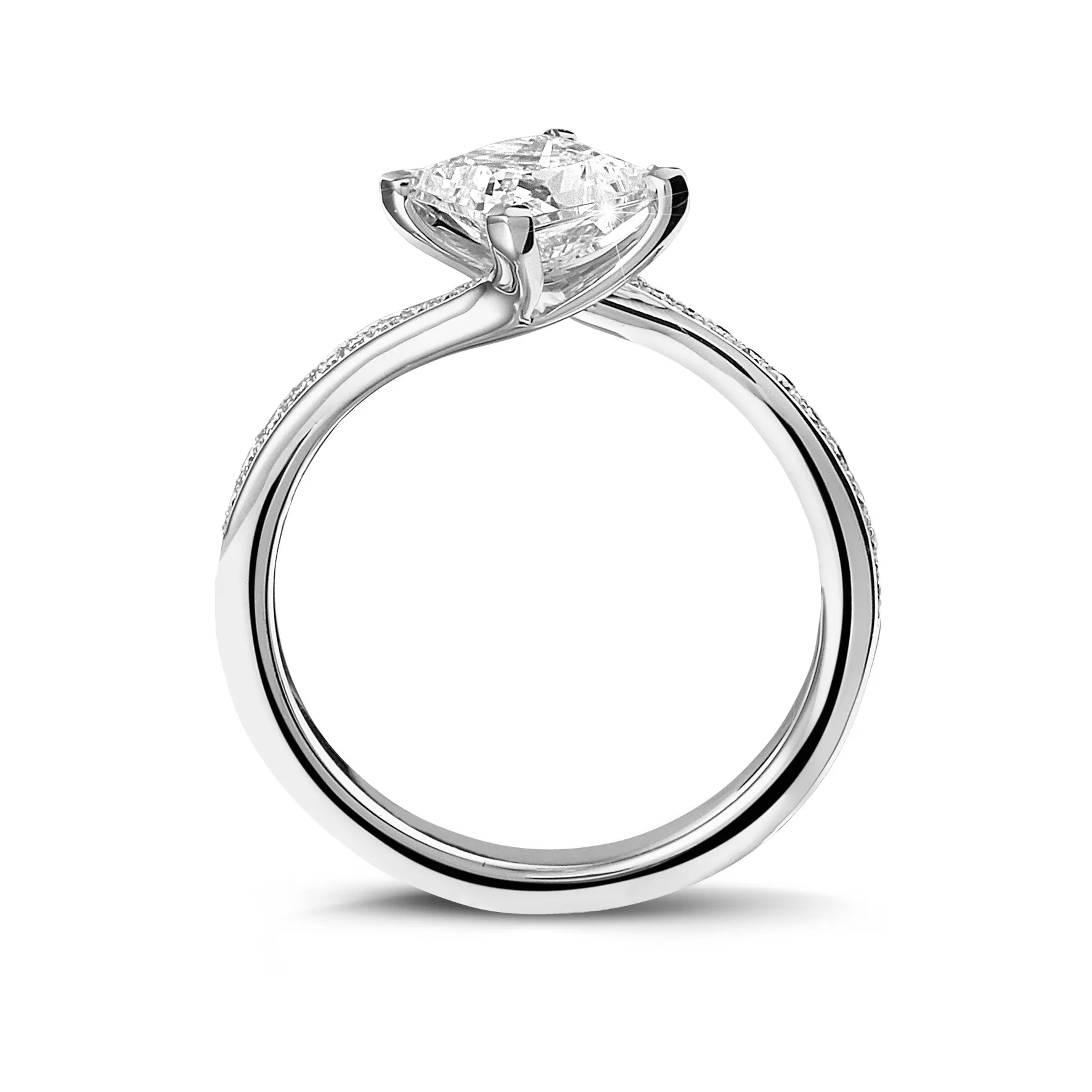 1.50 quilates anillo solitario en oro blanco con diamante talla princesa y diamantes laterales 