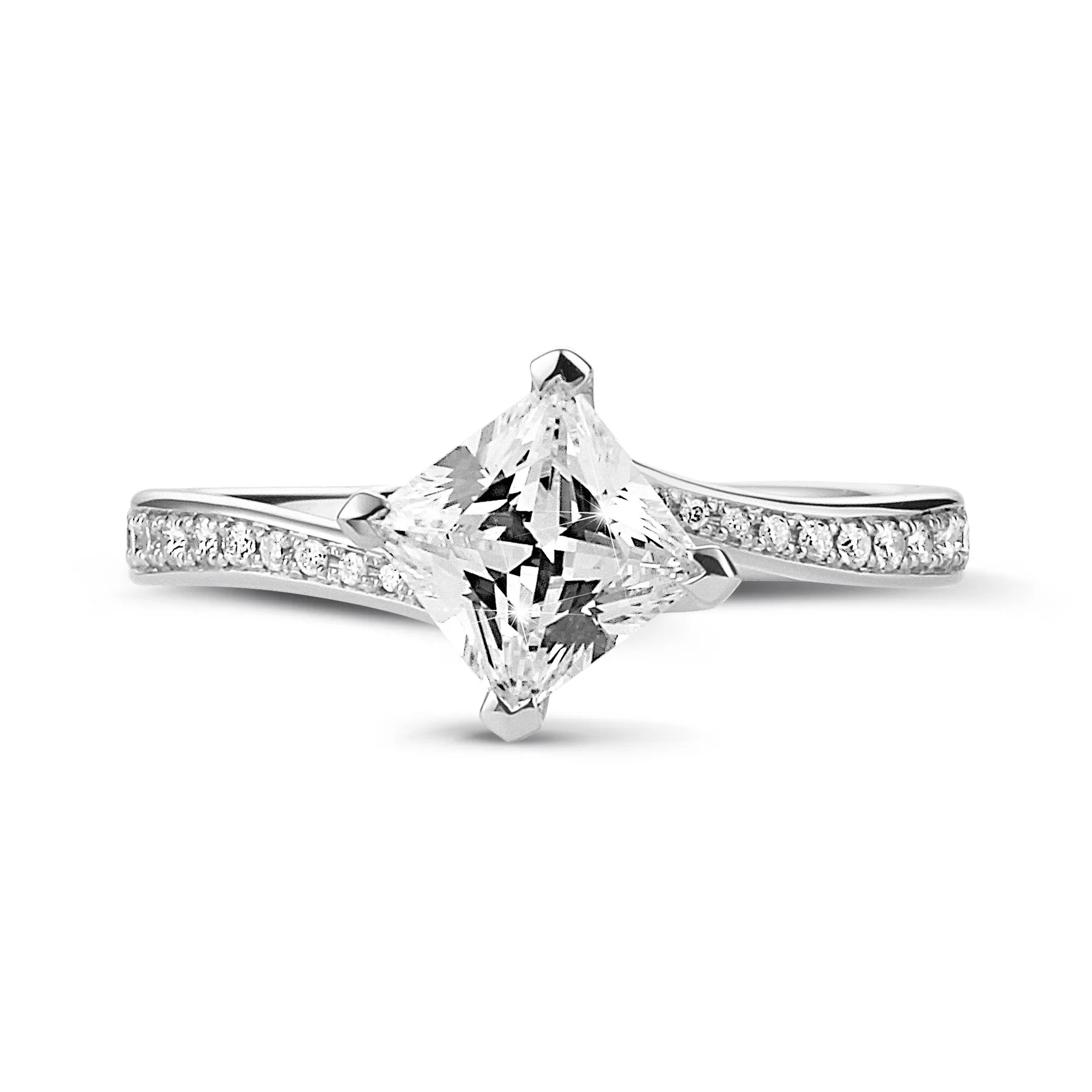1.50 quilates anillo solitario en oro blanco con diamante talla princesa y diamantes laterales 