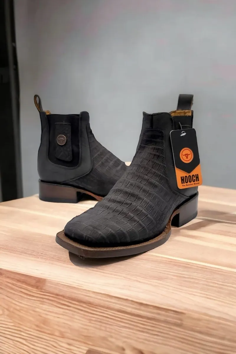 CAIMAN BELLY PRINT SQUARE TOE ANKLE BOOTS  BLACK