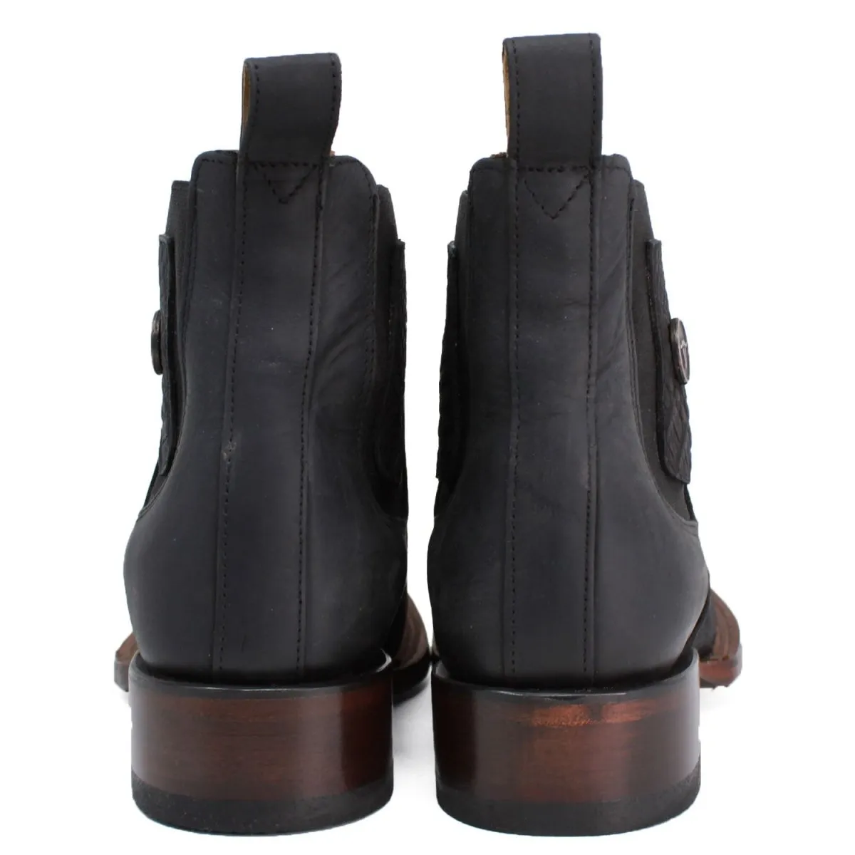 CAIMAN BELLY PRINT SQUARE TOE ANKLE BOOTS  BLACK