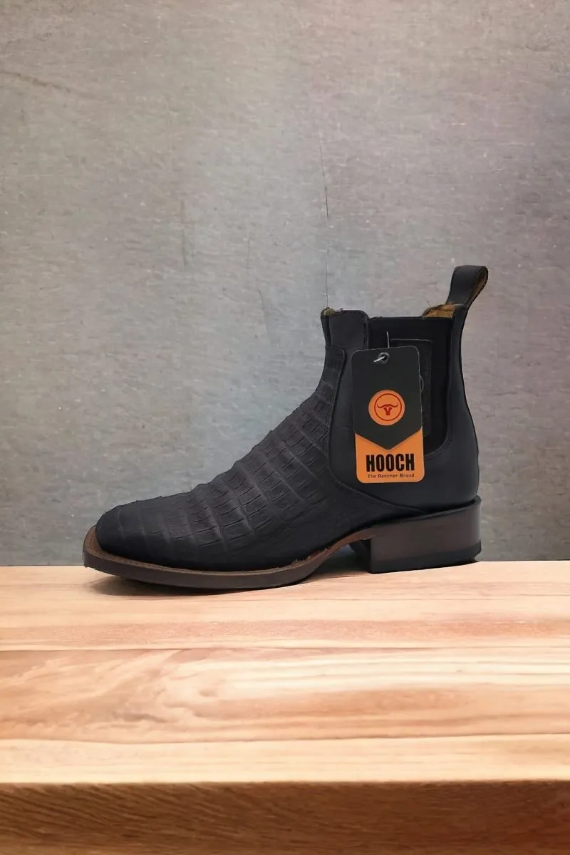 CAIMAN BELLY PRINT SQUARE TOE ANKLE BOOTS  BLACK