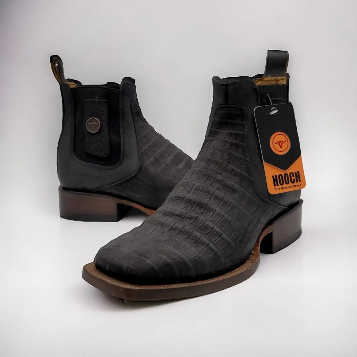 CAIMAN BELLY PRINT SQUARE TOE ANKLE BOOTS  BLACK