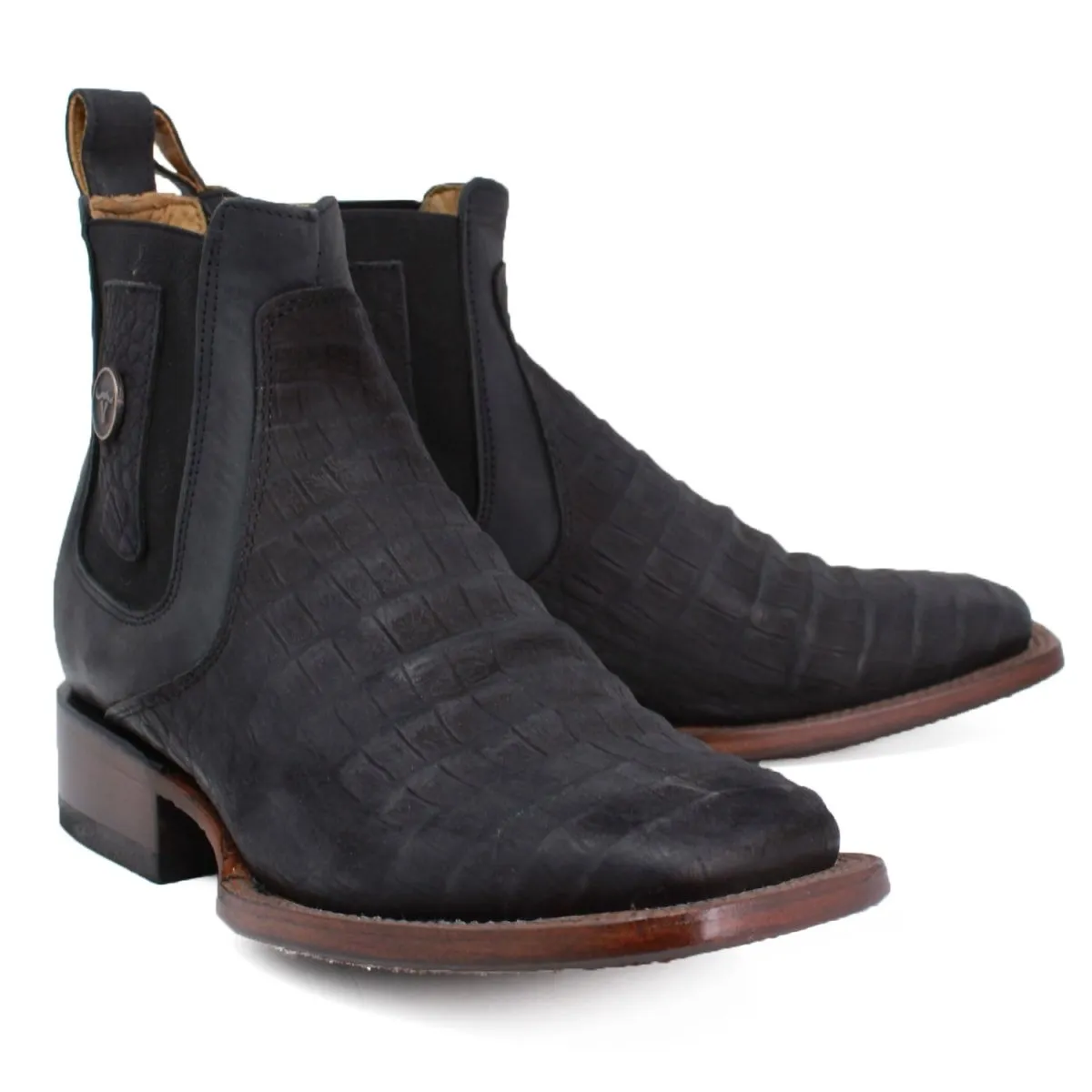 CAIMAN BELLY PRINT SQUARE TOE ANKLE BOOTS  BLACK