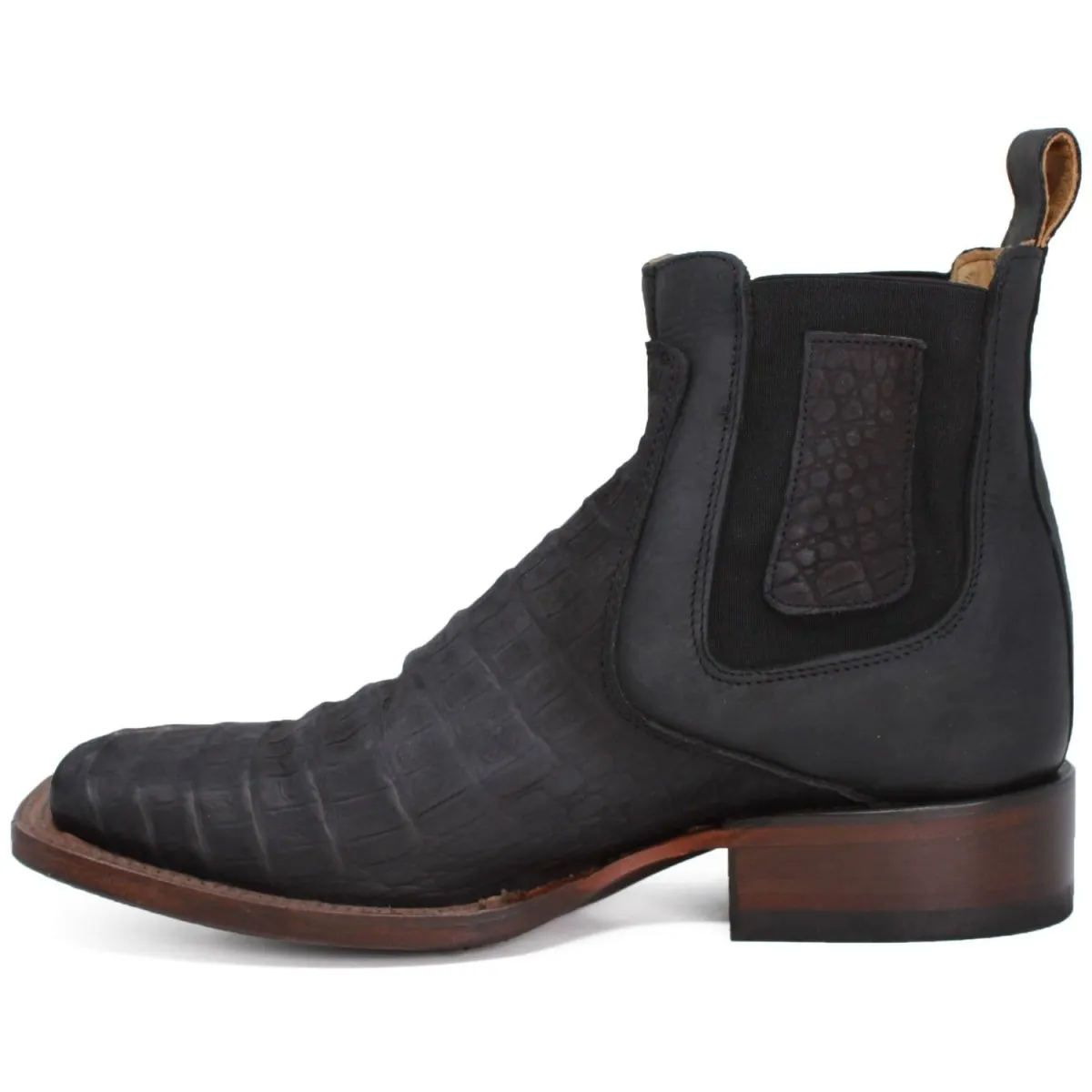 CAIMAN BELLY PRINT SQUARE TOE ANKLE BOOTS  BLACK