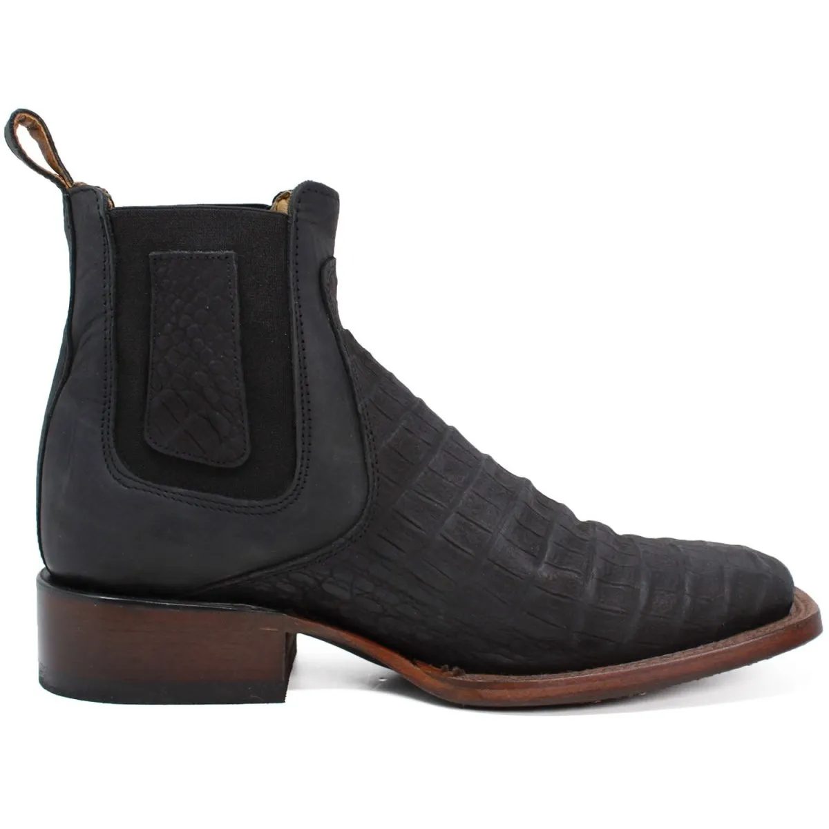 CAIMAN BELLY PRINT SQUARE TOE ANKLE BOOTS  BLACK