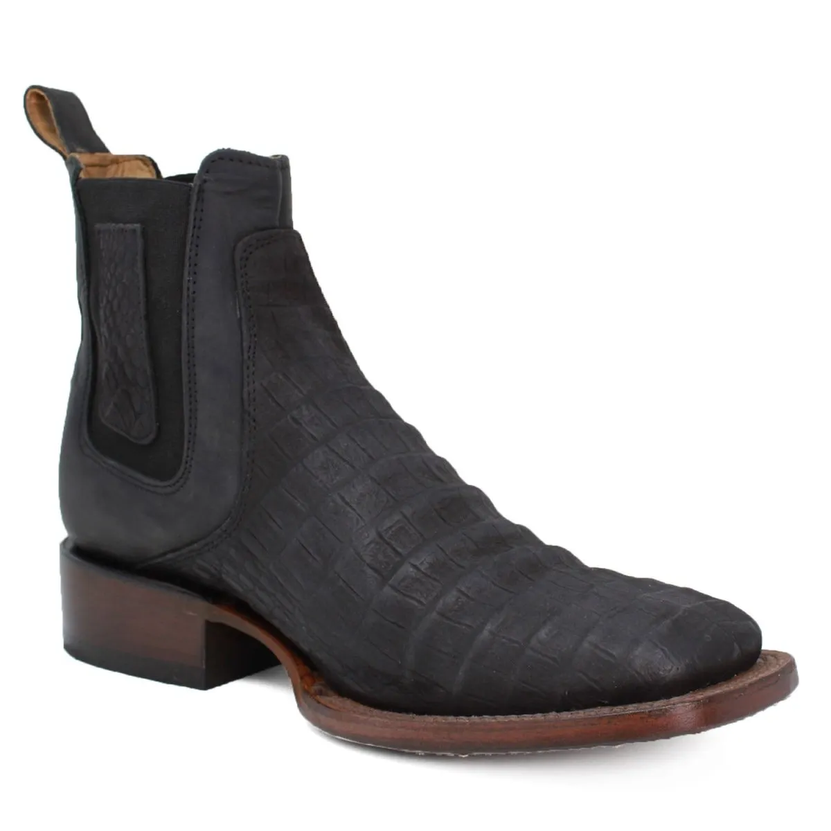 CAIMAN BELLY PRINT SQUARE TOE ANKLE BOOTS  BLACK