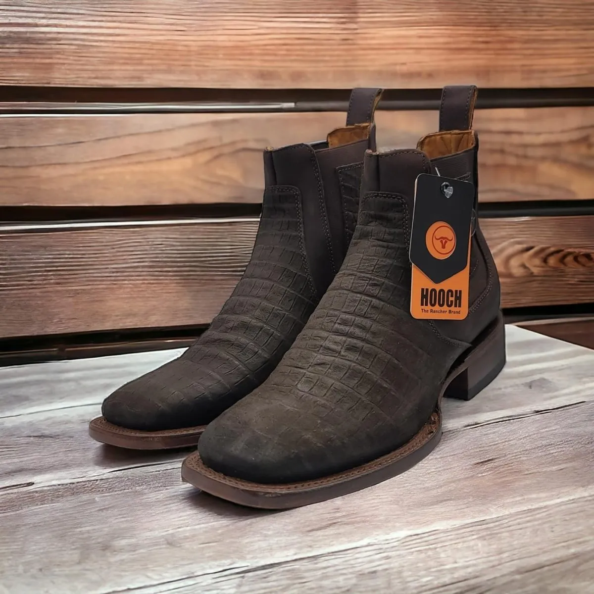 CAIMAN BELLY PRINT SQUARE TOE ANKLE BOOTS  CHOCOLATE