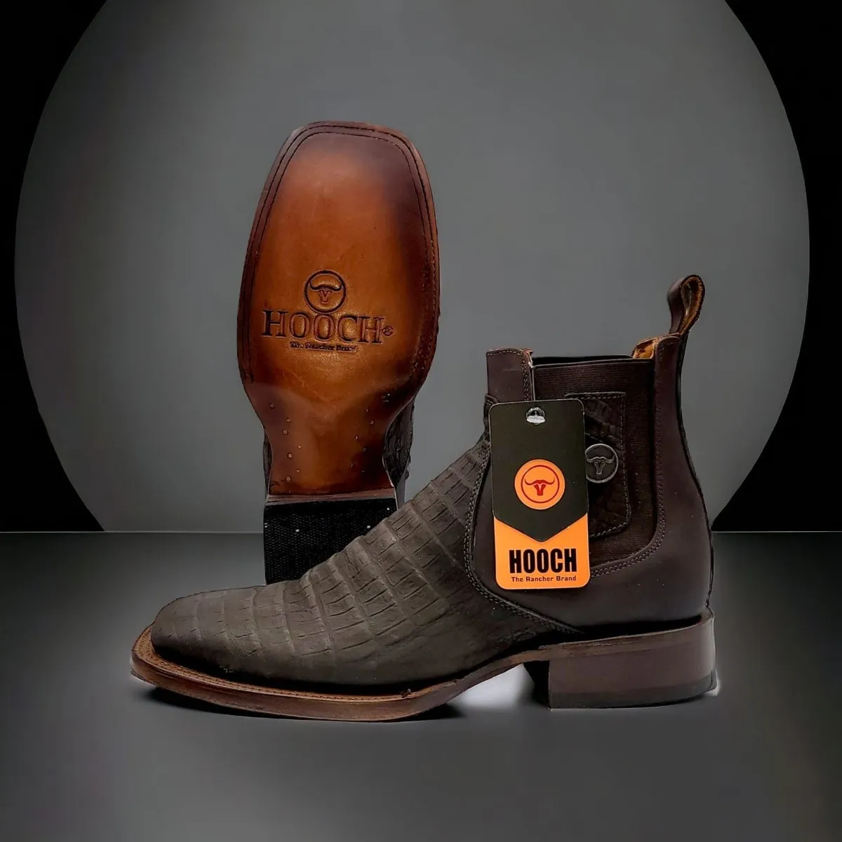 CAIMAN BELLY PRINT SQUARE TOE ANKLE BOOTS  CHOCOLATE