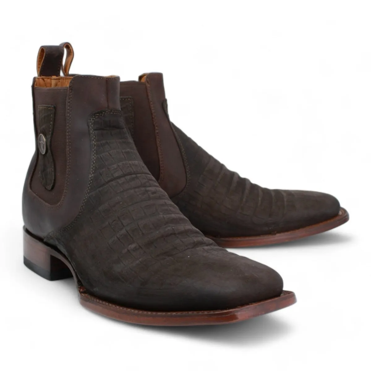 CAIMAN BELLY PRINT SQUARE TOE ANKLE BOOTS  CHOCOLATE