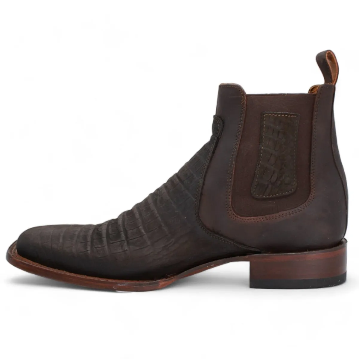 CAIMAN BELLY PRINT SQUARE TOE ANKLE BOOTS  CHOCOLATE