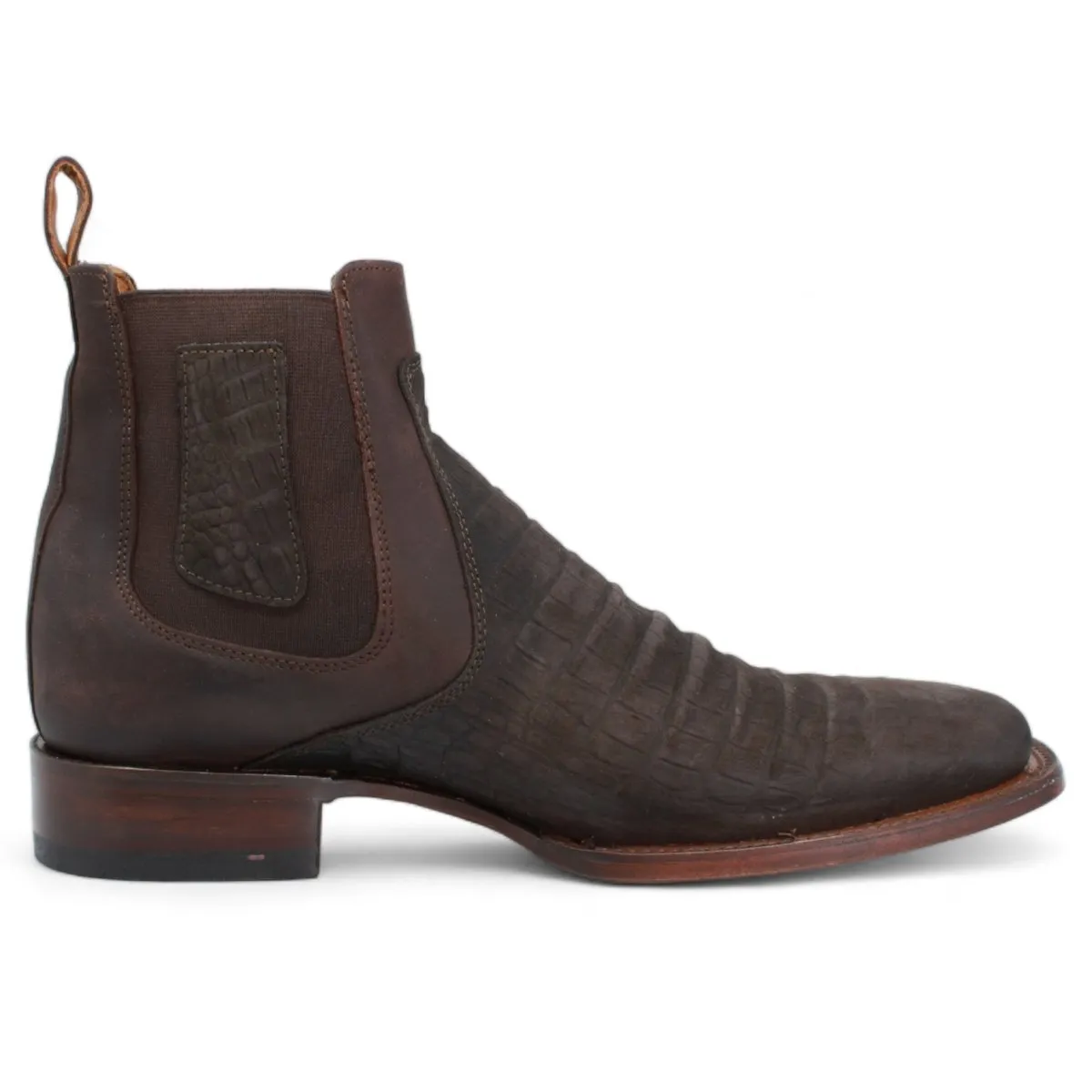 CAIMAN BELLY PRINT SQUARE TOE ANKLE BOOTS  CHOCOLATE