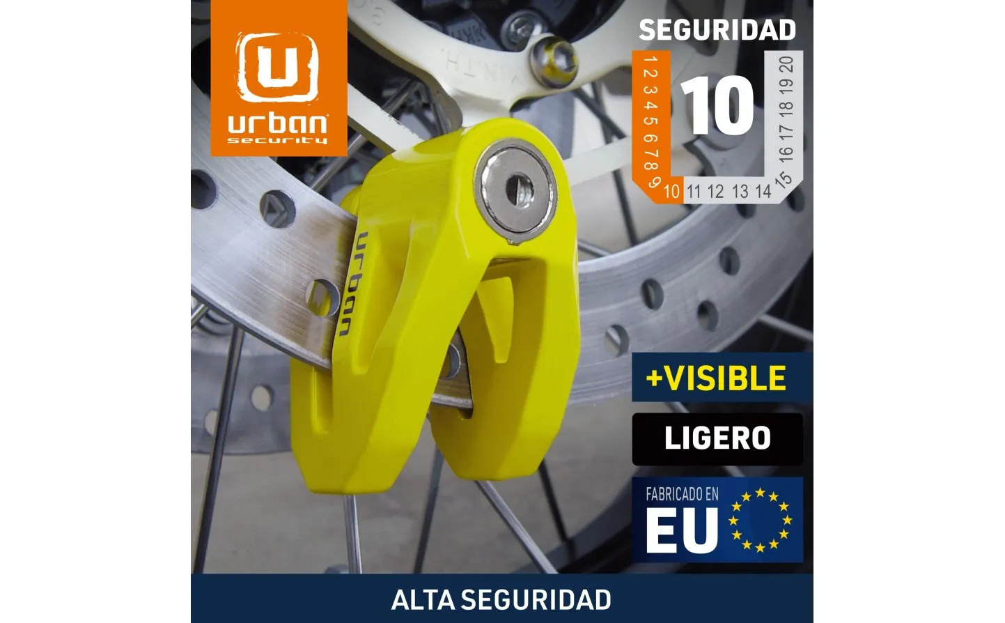 Candado Moto Urban Alarm Disk UR2D Disklock Ø 10 Amarillo |UR208Y|