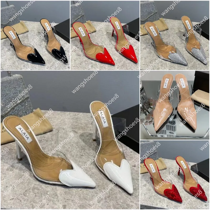 Diseñador Mujer Sandalias Lujo Cristal chispeante Vestido puntiagudo en forma de corazón Sxey Mula en forma de corazón en sandal