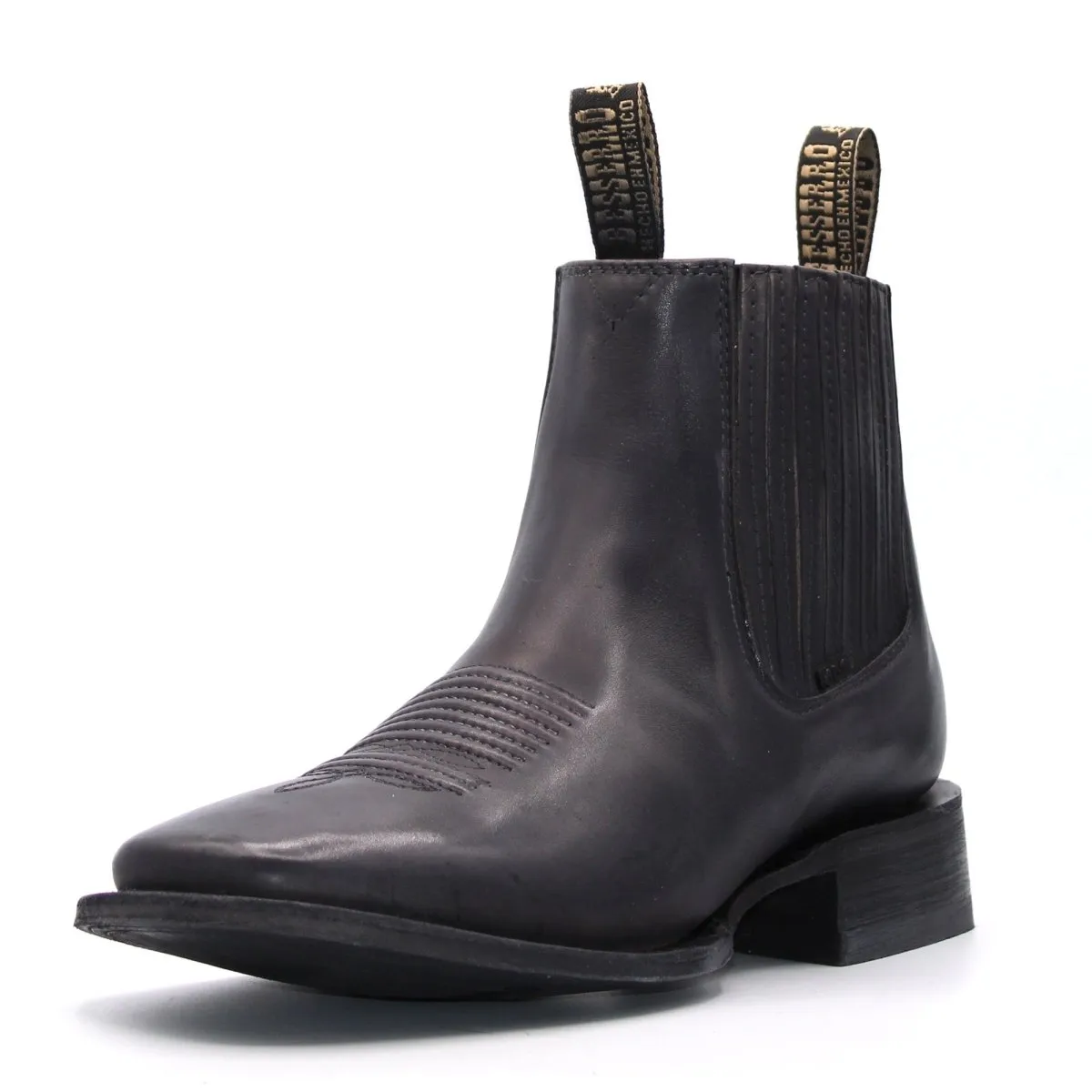 El Besserro Men's Square Toe Leather Ankle Boots Black H6439
