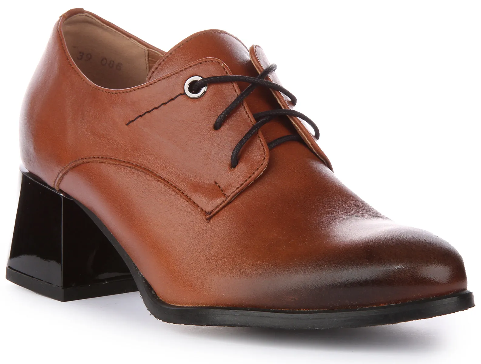 JUSTINREESS Iris Zapatos Oxford con cordones de cuero de 2 pulgadas de tacón para mujer en marrón tostado