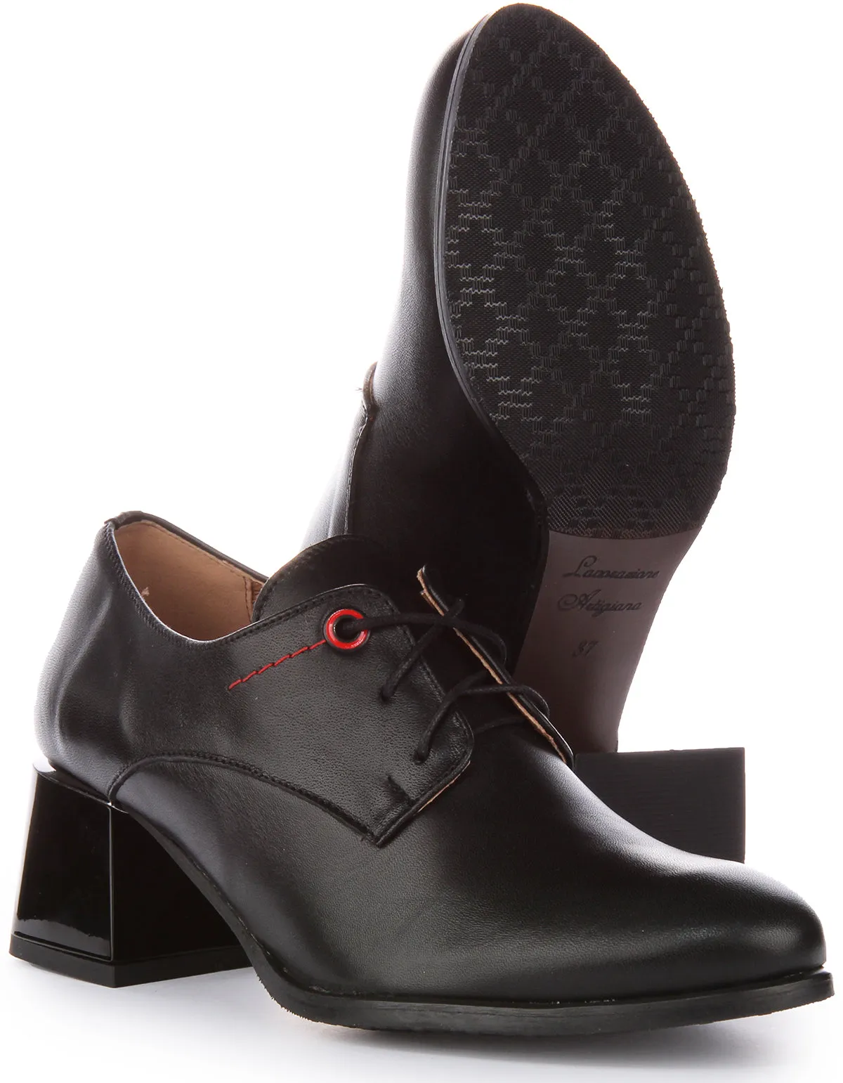 JUSTINREESS Iris Zapatos Oxford con cordones de cuero de 2 pulgadas de tacón para mujer en marrón tostado