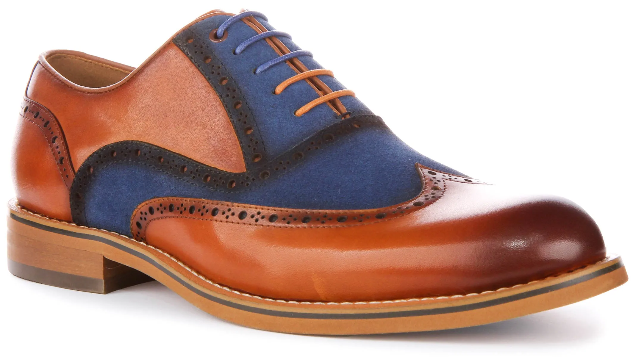 JUSTINREESS Santiago Zapatos brogue de cordones de cuero de dos tonos para hombre en marrón azul