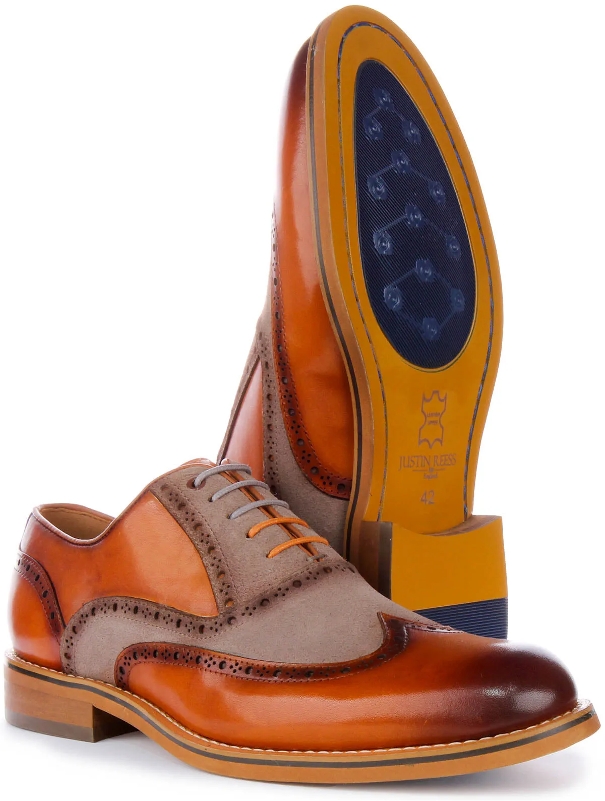 JUSTINREESS Santiago Zapatos brogue de cordones de cuero de dos tonos para hombre en marrón azul