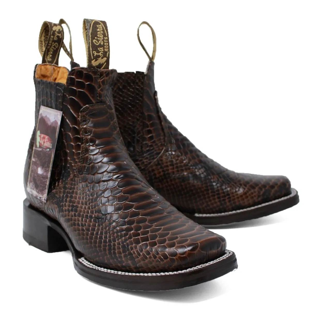 Men's Square Toe Ankle Boots Python Print Brown
