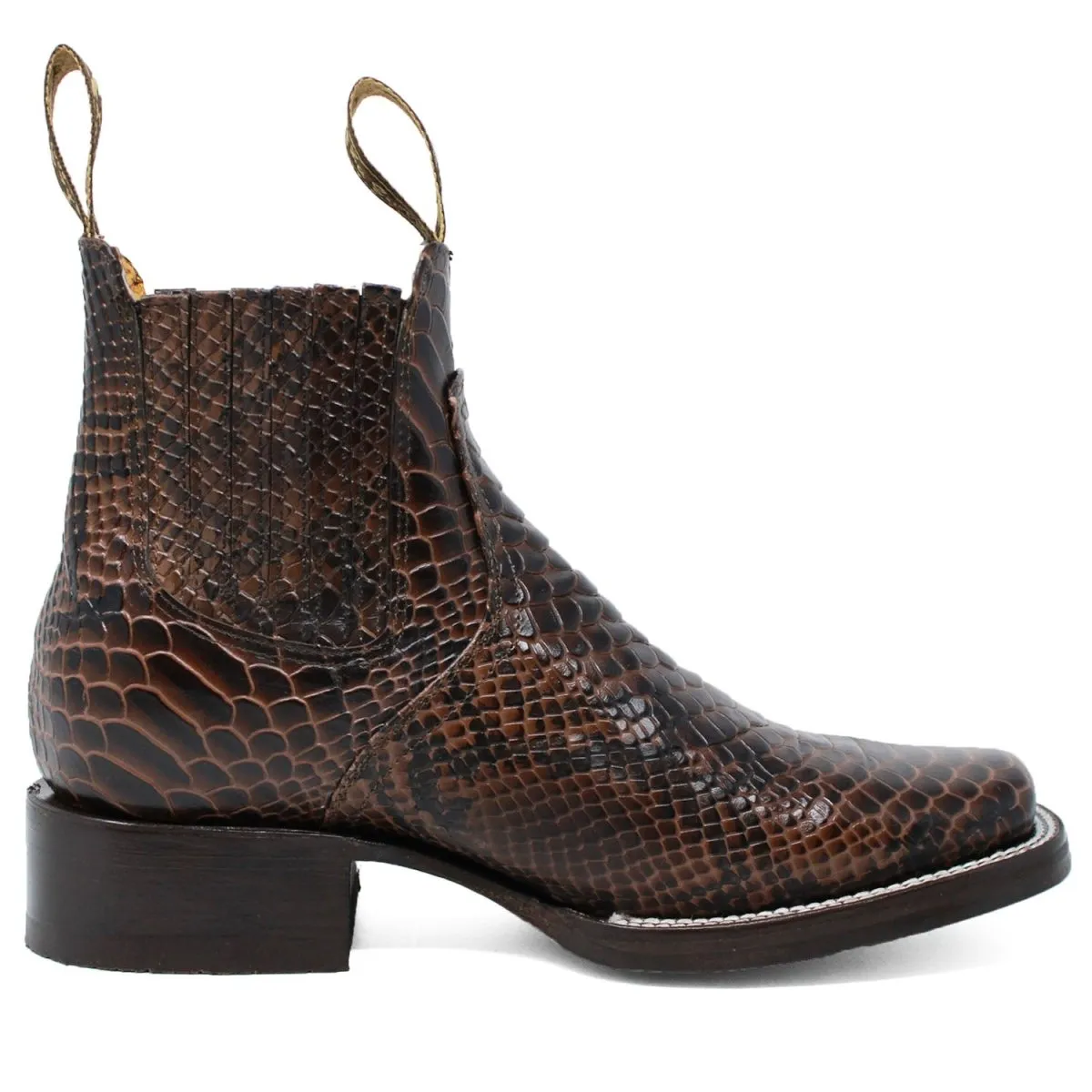 Men's Square Toe Ankle Boots Python Print Brown