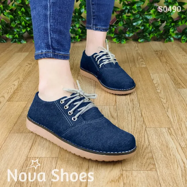 Mocasin Bajo con Cordones hecho de Tela de Jean