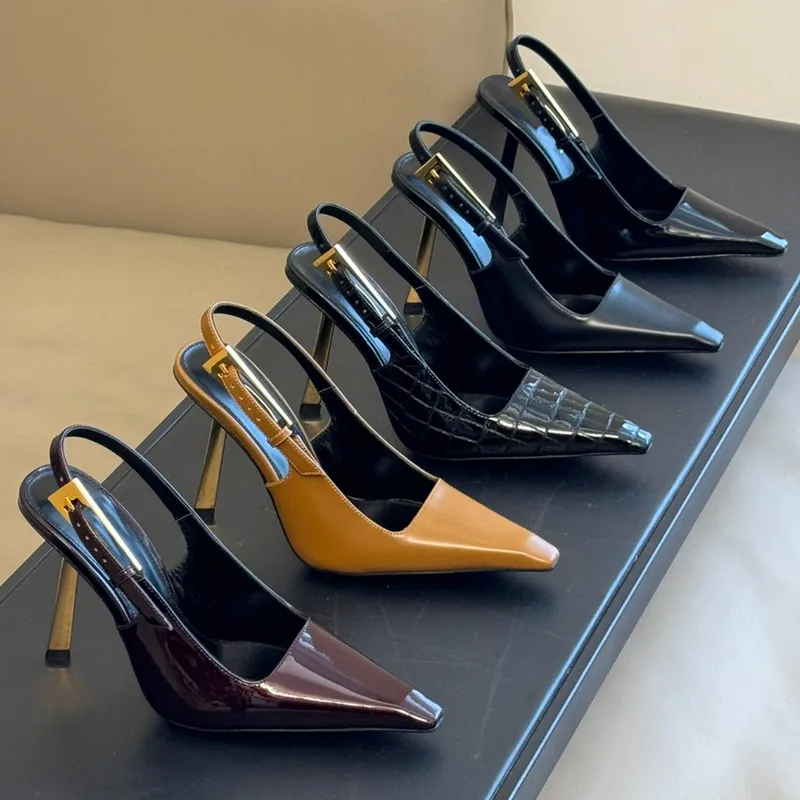 Mujeres Sandalias Mirror de calidad Mujeres Lee Slingback Bombas en cuero de diseño de cuero esmaltado Tamaños de zapatos de noc