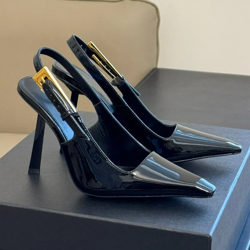 Mujeres Sandalias Mirror de calidad Mujeres Lee Slingback Bombas en cuero de diseño de cuero esmaltado Tamaños de zapatos de noc