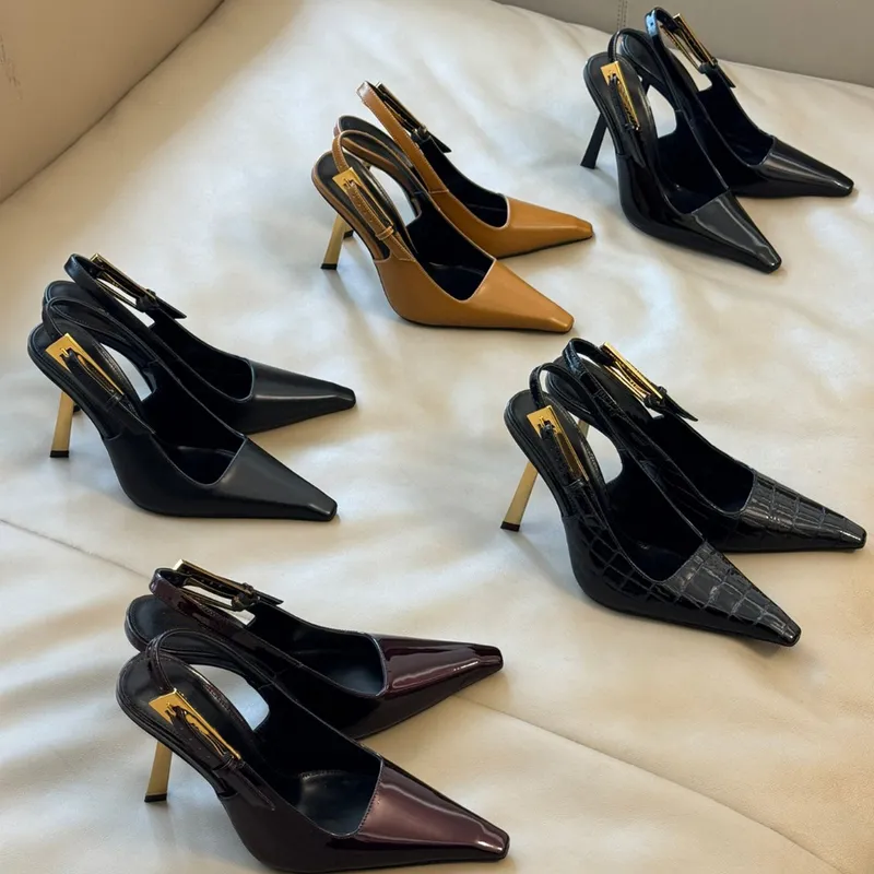 Mujeres Sandalias Mirror de calidad Mujeres Lee Slingback Bombas en cuero de diseño de cuero esmaltado Tamaños de zapatos de noc