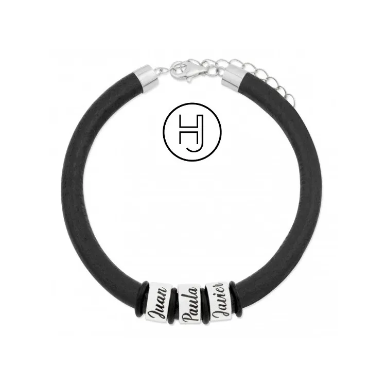 Pulsera  personalizada plata y cuero negro