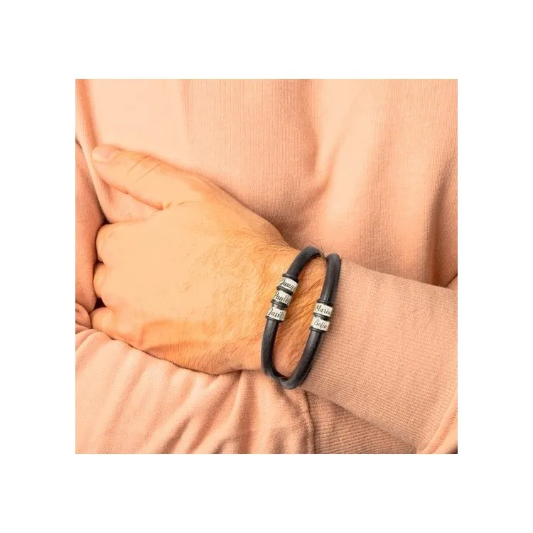 Pulsera  personalizada plata y cuero negro