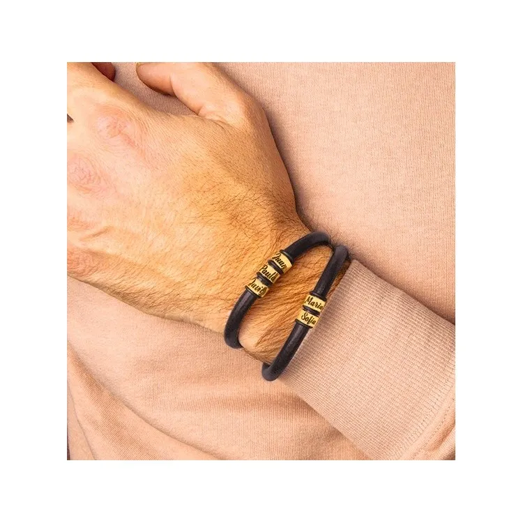 Pulsera  personalizada plata y cuero negro