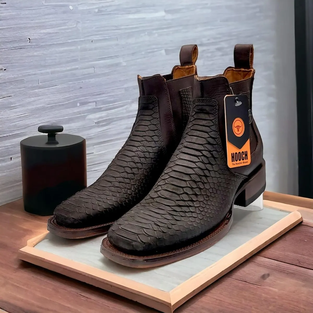 PYTHON PRINT SQUARE TOE ANKLE BOOTS  CHOCOLATE