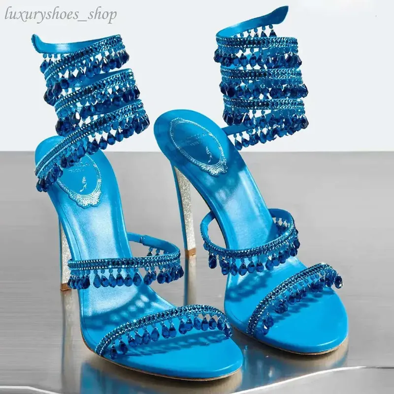 Rene Caovilla Araña de Cristal Sandalias de Tacón Alto Estilo de Hadas de Mujer Tacones Altos Romanos Envueltos en Serpentina de