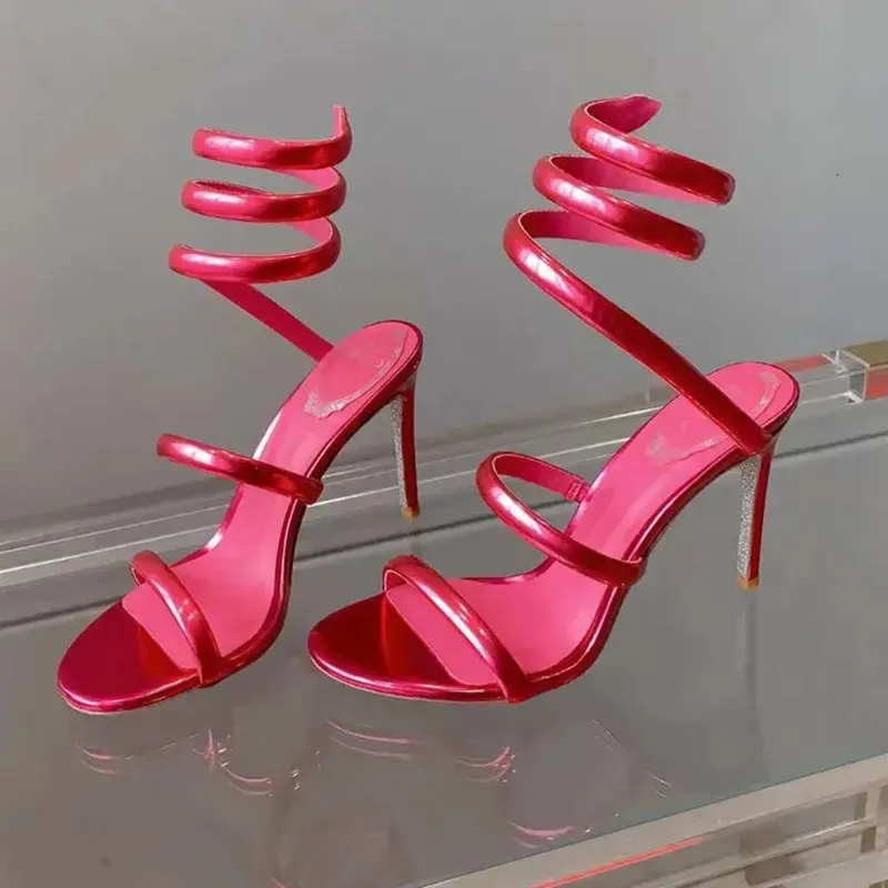 Rene Caovilla Araña de Cristal Sandalias de Tacón Alto Estilo de Hadas de Mujer Tacones Altos Romanos Envueltos en Serpentina de
