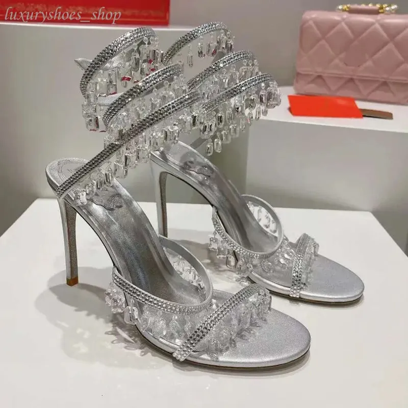 Rene Caovilla Araña de Cristal Sandalias de Tacón Alto Estilo de Hadas de Mujer Tacones Altos Romanos Envueltos en Serpentina de