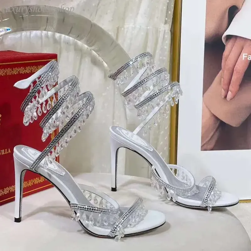 Rene Caovilla Araña de Cristal Sandalias de Tacón Alto Estilo de Hadas de Mujer Tacones Altos Romanos Envueltos en Serpentina de
