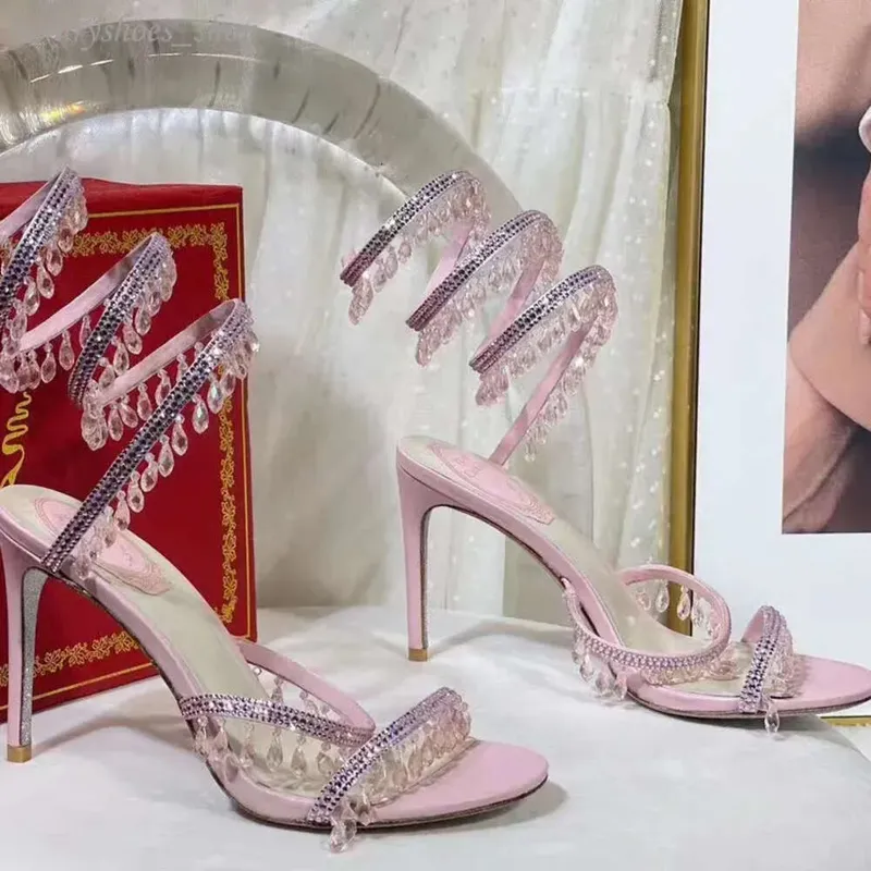 Rene Caovilla Araña de Cristal Sandalias de Tacón Alto Estilo de Hadas de Mujer Tacones Altos Romanos Envueltos en Serpentina de
