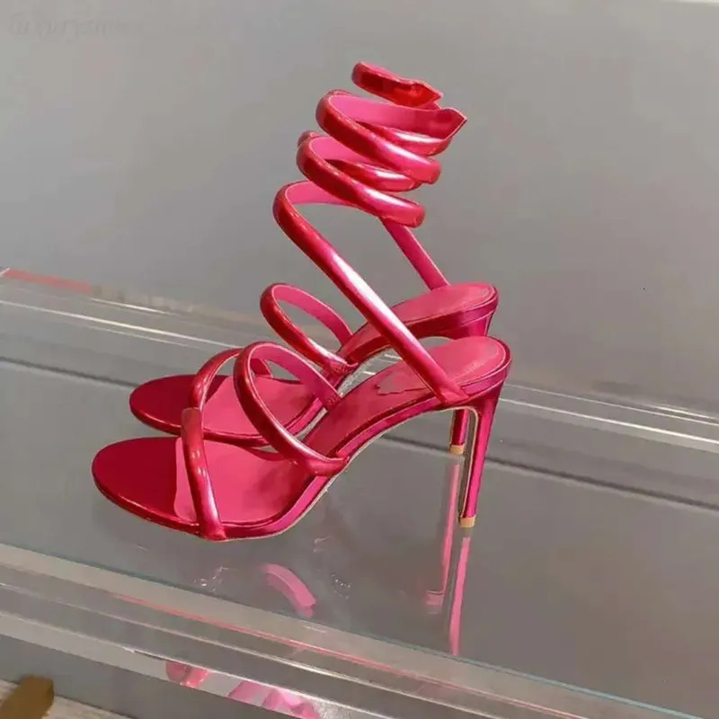 Rene Caovilla Araña de Cristal Sandalias de Tacón Alto Estilo de Hadas de Mujer Tacones Altos Romanos Envueltos en Serpentina de
