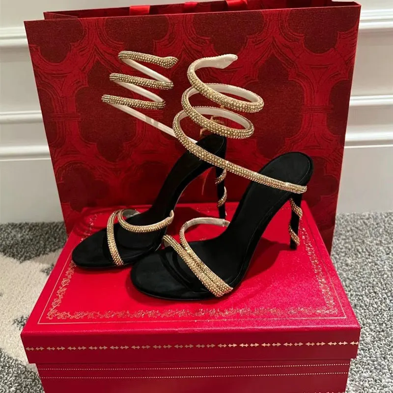 Rene Caovilla Cristales adornados tacones de diez rianas Sandalias de diseñadores Single Stiletto Heels Diseñadores de lujo de t