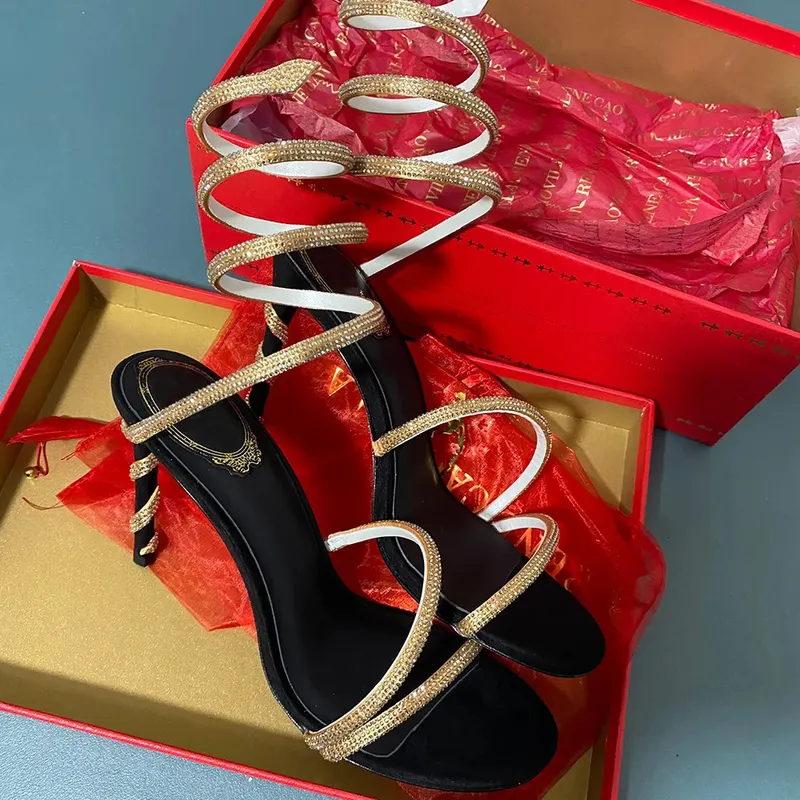 Rene Caovilla Cristales adornados tacones de diez rianas Sandalias de diseñadores Single Stiletto Heels Diseñadores de lujo de t