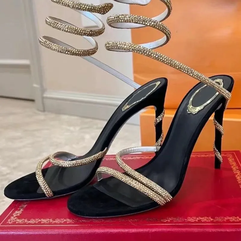 Rene Caovilla Cristales adornados tacones de diez rianas Sandalias de diseñadores Single Stiletto Heels Diseñadores de lujo de t