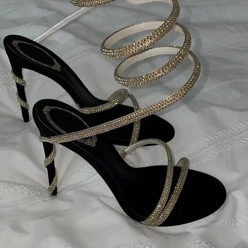 Rene Caovilla Cristales adornados tacones de diez rianas Sandalias de diseñadores Single Stiletto Heels Diseñadores de lujo de t
