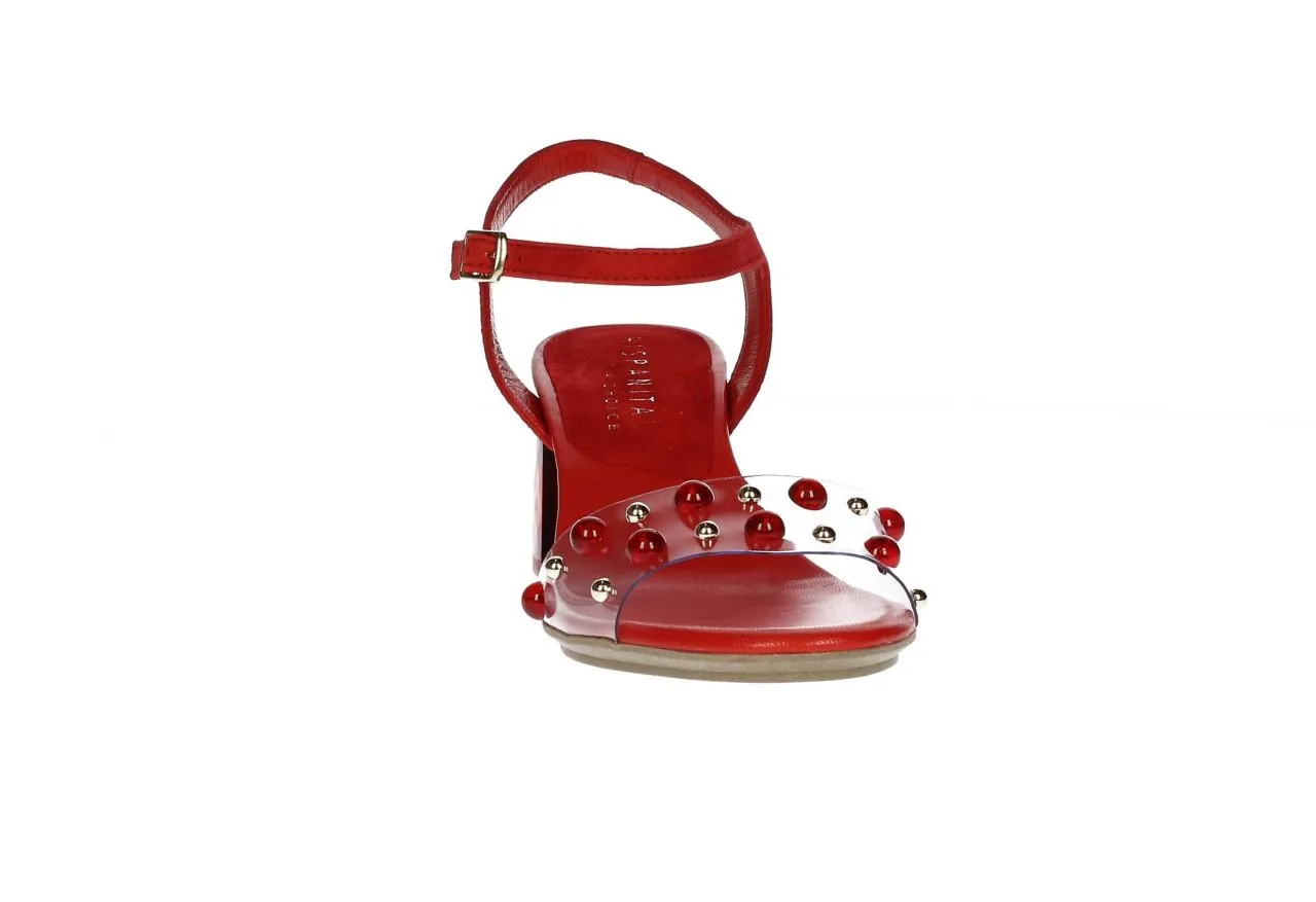 Sandalia Ante Roja Pala Vinilo Bolas/tachas Tacon Metacrilat