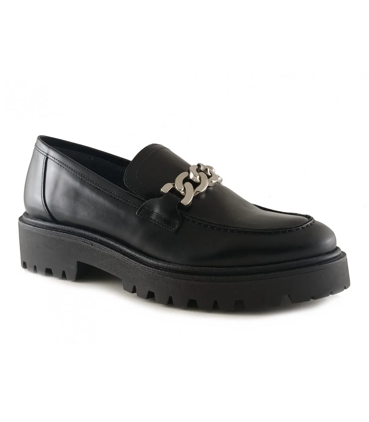Zapato mocasín en piel negra con adorno