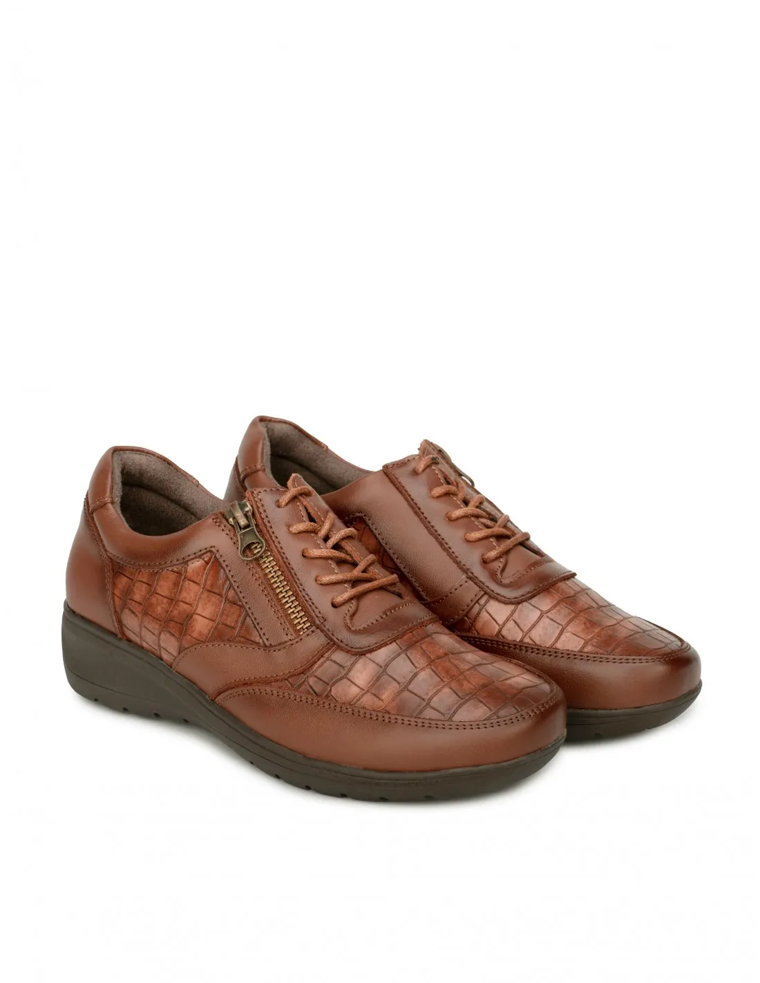 Zapatos Cremallera Cordones Piel Marrón
