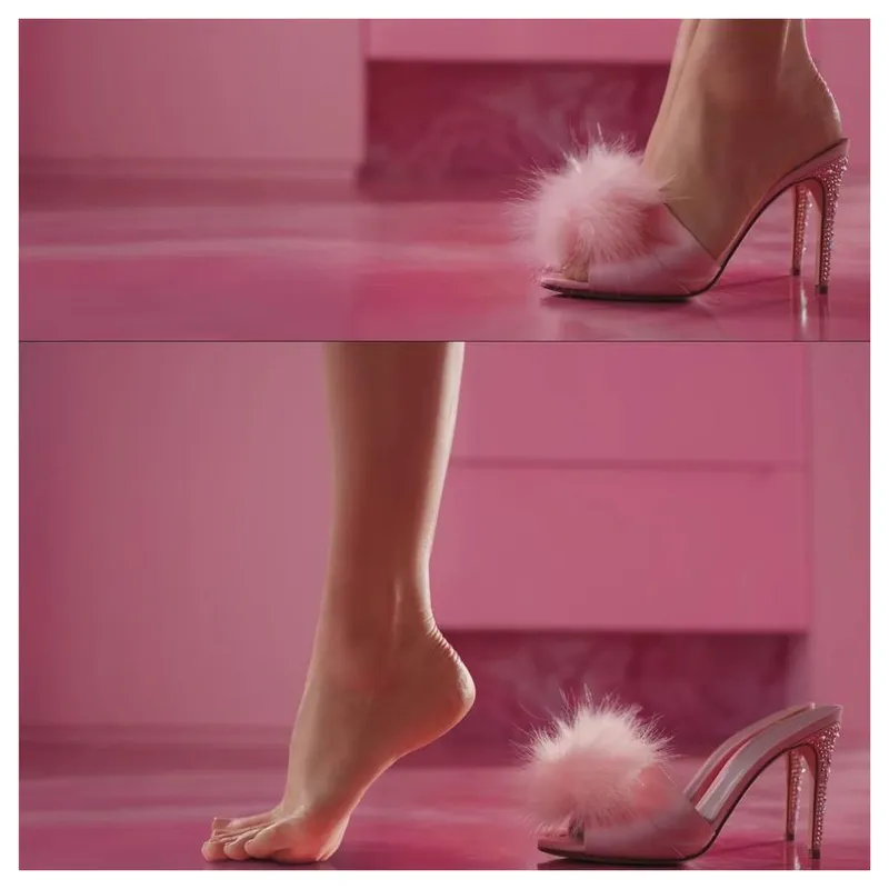 Zapatos informales Sandalias de tacón para mujer Tacones rosados ​​para mujeres Stiletto Drinestone Furry Drop entrega otzq3