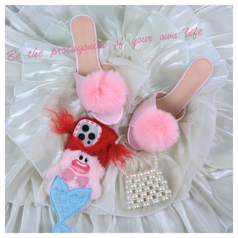 Zapatos informales Sandalias de tacón para mujer Tacones rosados ​​para mujeres Stiletto Drinestone Furry Drop entrega otzq3
