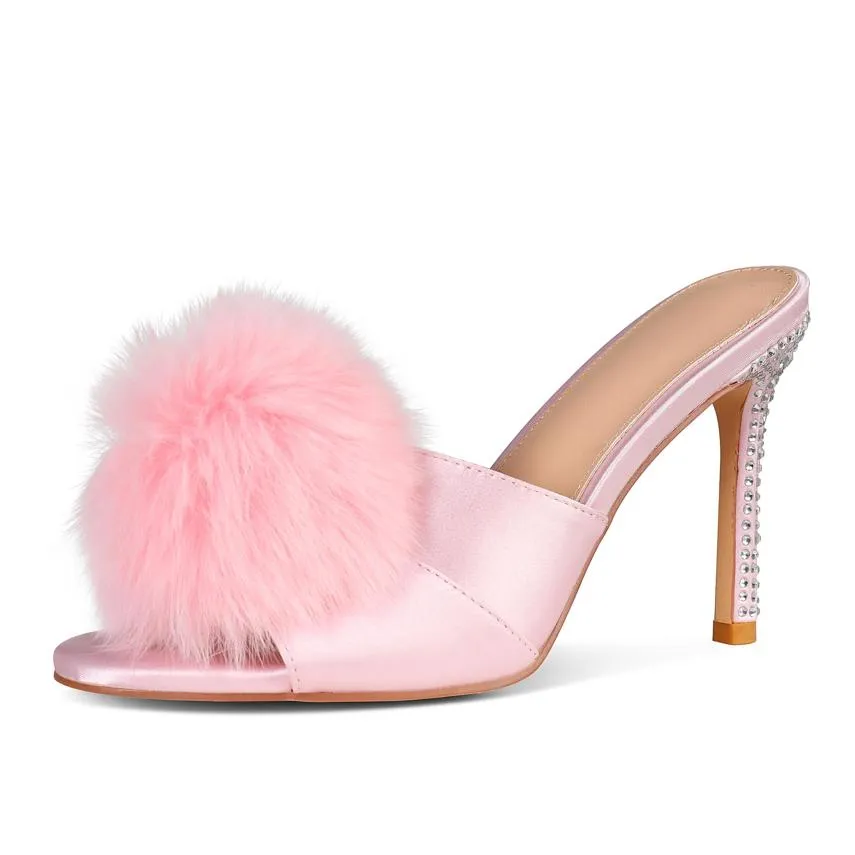 Zapatos informales Sandalias de tacón para mujer Tacones rosados ​​para mujeres Stiletto Drinestone Furry Drop entrega otzq3