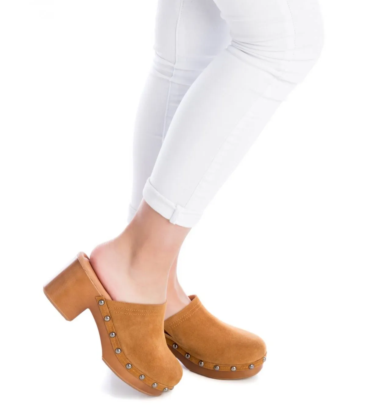 Zueco de tacón y plataforma para mujer en piel cuero